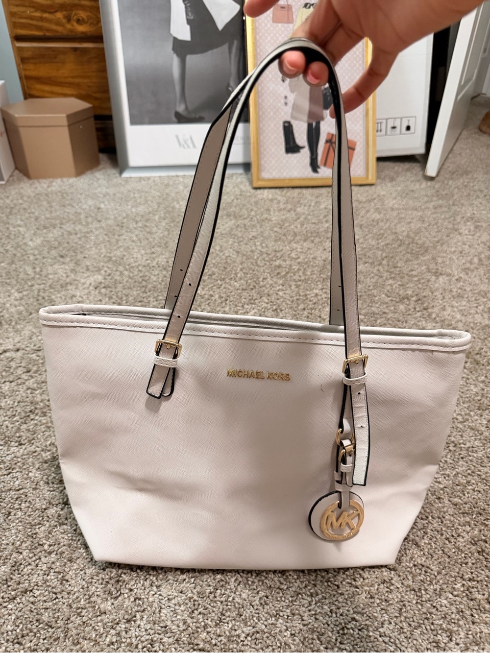 Michael Kors Cream Tote with Gold Logo Charm